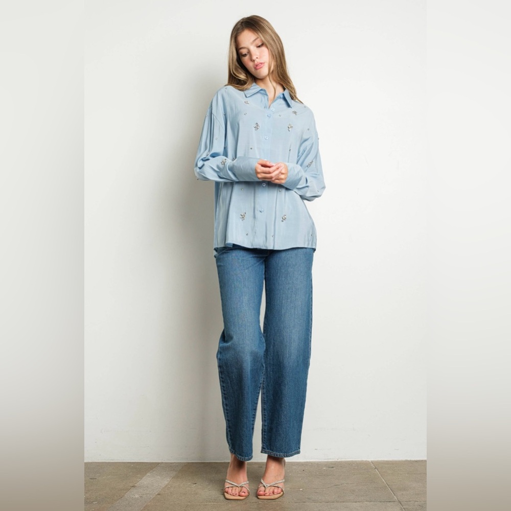 NWT EMERY Rhinestone Embellished Long Sleeve Shirt | Blue
